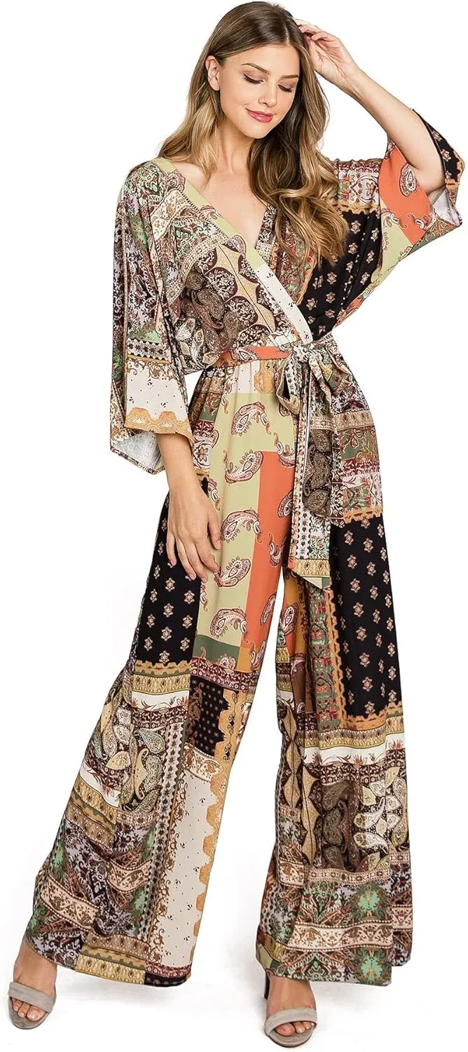 Flying Tomato Women's Patchwork Bohemian Chiffon Jumpsuit
