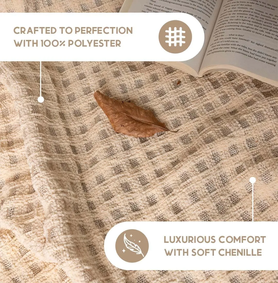 Folkulture Throw Blanket | (60 x 50) Chunky Knit Blanket for Bed, Couch | Boho Chenille White Thick Knitted Throw Blanket | Ultra Soft, Plush, Lightweight, Machine Wash and Giftable Throws