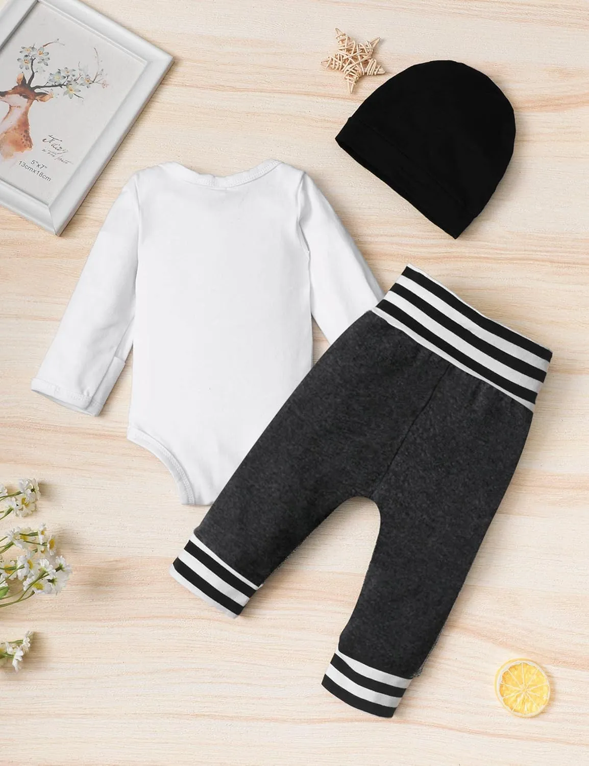Fommy Newborn Baby Boy Clothes New to The Crew Letter Print Romper  Pants Hat 3PCS Outfit