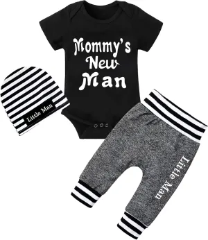 Fommy Newborn Baby Boy Clothes New to The Crew Letter Print Romper  Pants Hat 3PCS Outfit