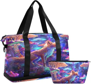Fox Mushrooms Neon Travel Duffel Bag Waterproof Gym Sport Tote Bag Carry On Weekender Bag with Compartment