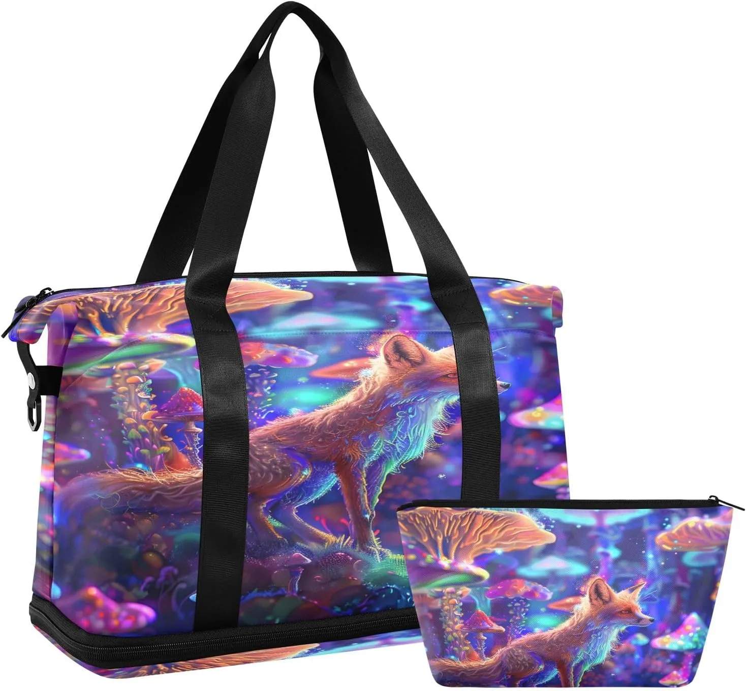 Fox Mushrooms Neon Travel Duffel Bag Waterproof Gym Sport Tote Bag Carry On Weekender Bag with Compartment