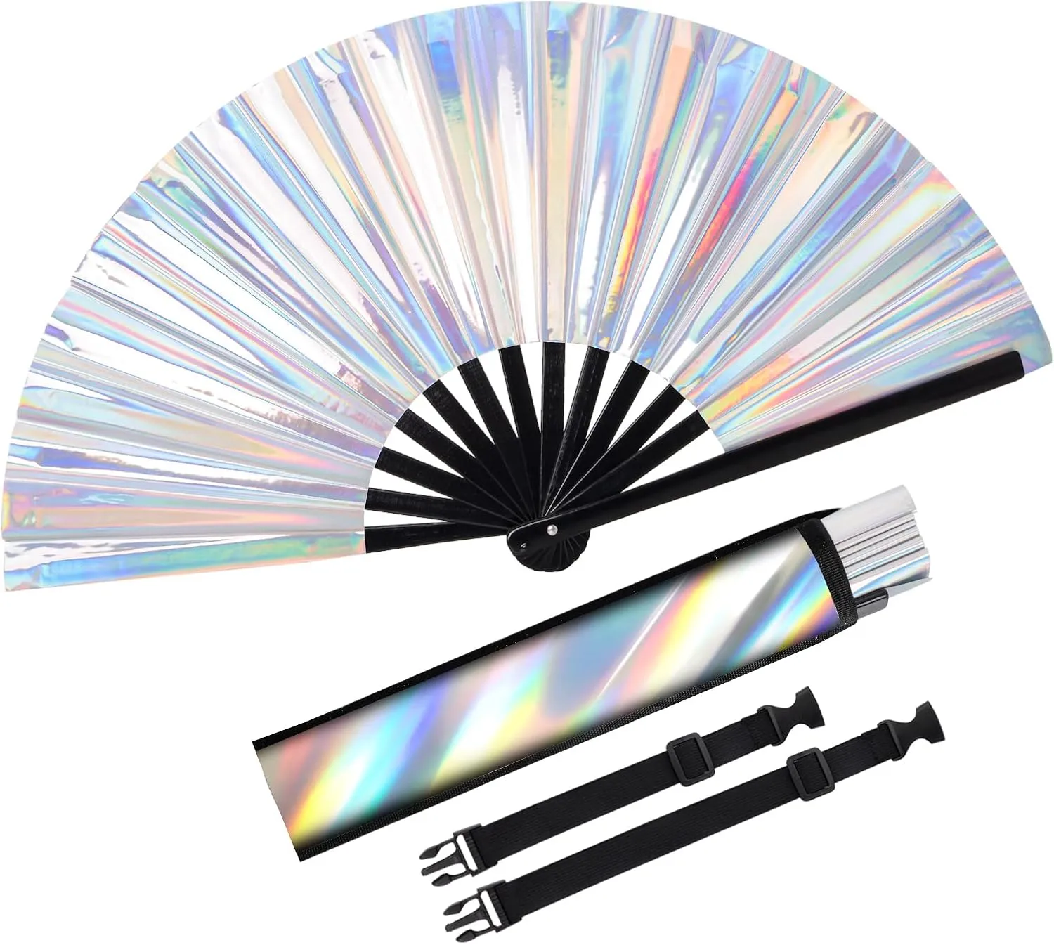 Fumwase Large Folding Holographic Silver Hand Fan with Rave Fan Holster for EDM Club Party Dance