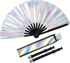 Fumwase Large Folding Holographic Silver Hand Fan with Rave Fan Holster for EDM Club Party Dance