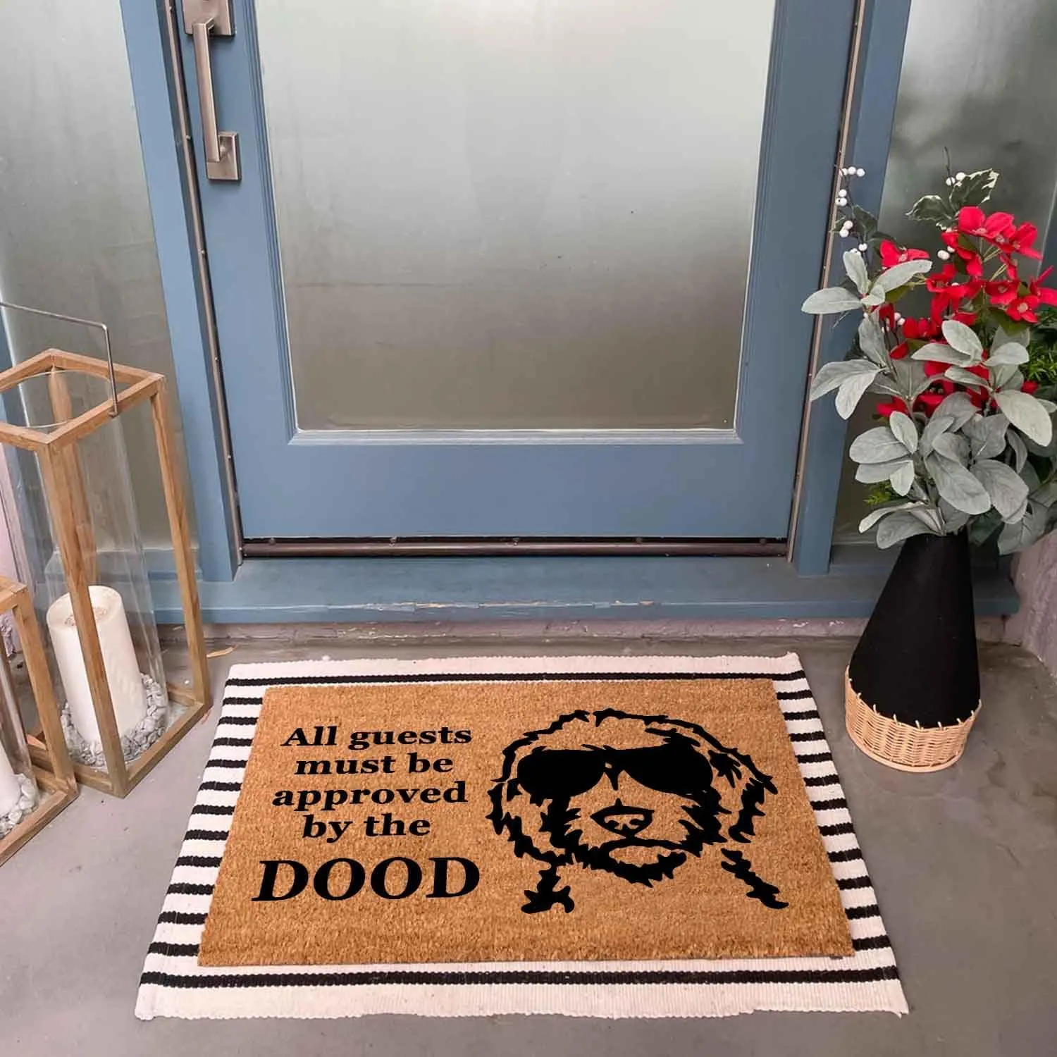 Funny Coir Doormat All Guests Must Be Approved DOOD Door Mat Entryway Outdoor Mat with Heavy Duty Front Porch Patio Welcome Mats Entry Natural Coir Mat Novelty House Warming Gift Mat 23.7 x 15.7 inch