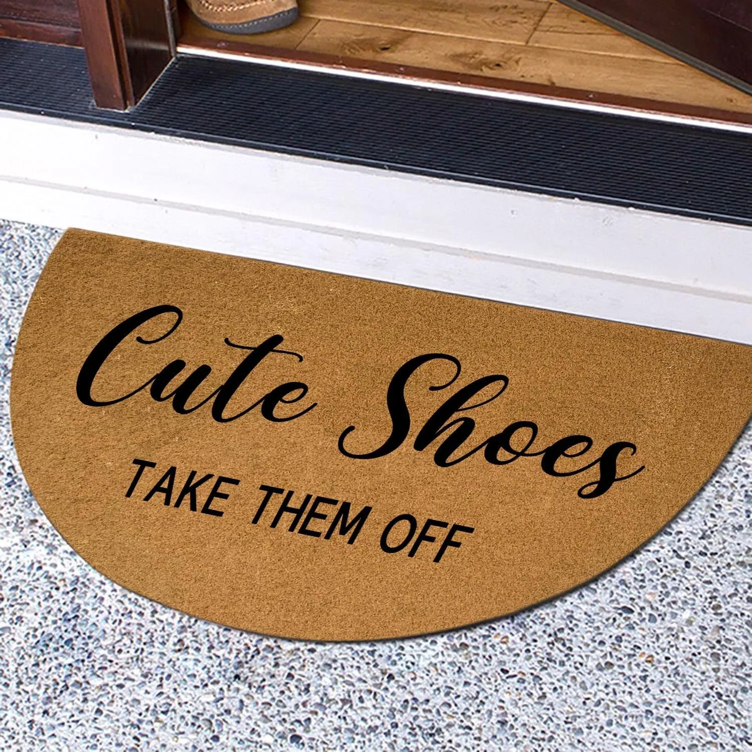 Funny Half Round Door Mat - Front Entryway Outdoor Heavy Duty Welcome Mat - Brown Porch Entry House Warming Gift 29.5 x 17 Inch (Cute Shoes Take Them Off)