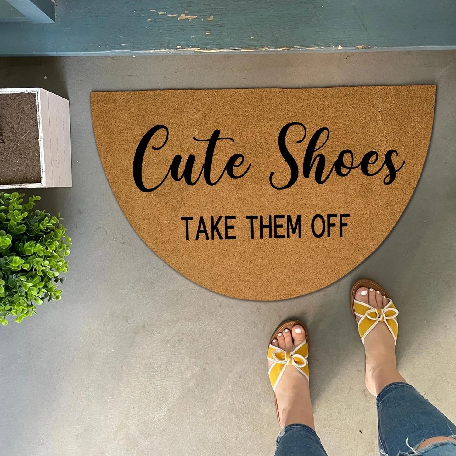 Funny Half Round Door Mat - Front Entryway Outdoor Heavy Duty Welcome Mat - Brown Porch Entry House Warming Gift 29.5 x 17 Inch (Cute Shoes Take Them Off)