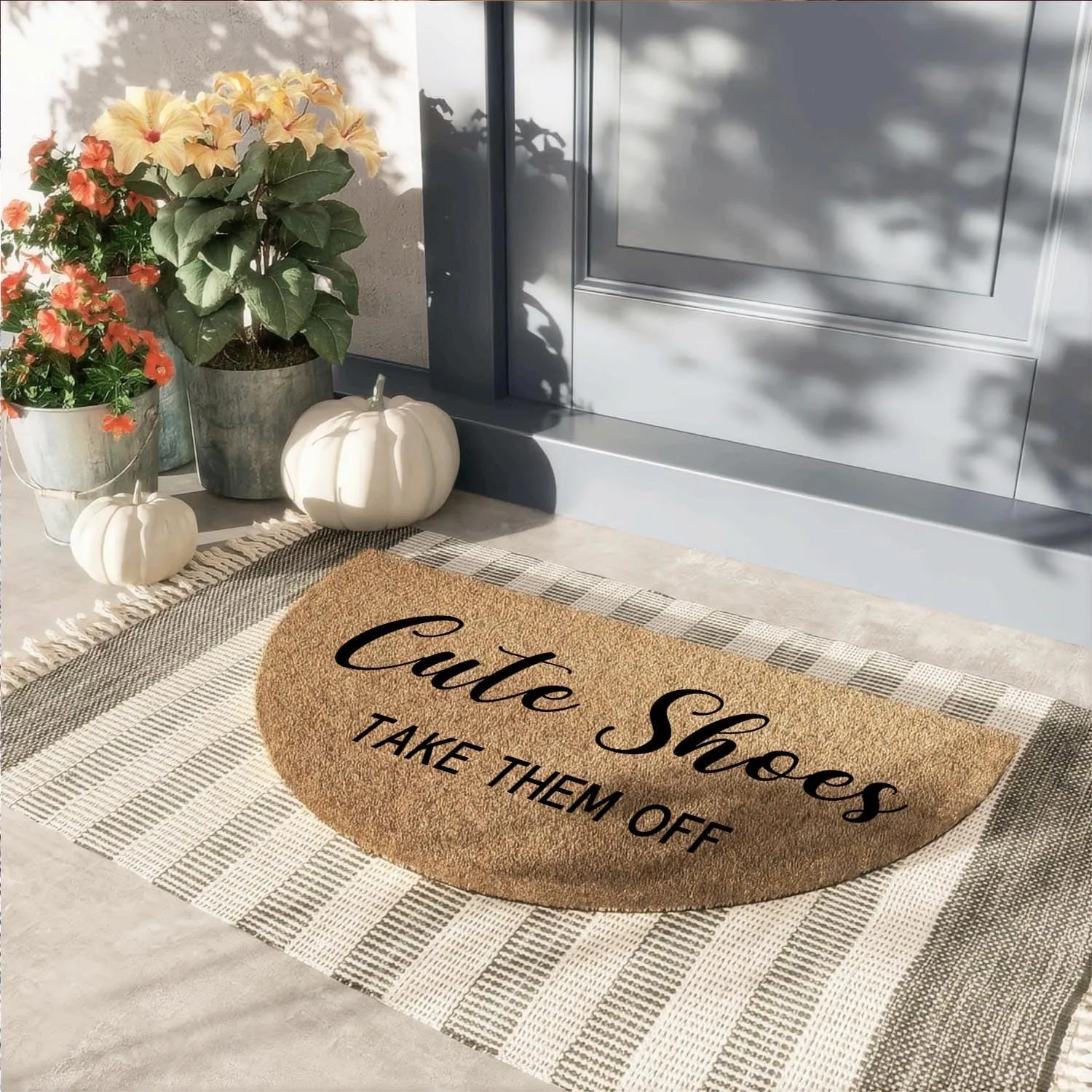 Funny Half Round Door Mat - Front Entryway Outdoor Heavy Duty Welcome Mat - Brown Porch Entry House Warming Gift 29.5 x 17 Inch (Cute Shoes Take Them Off)