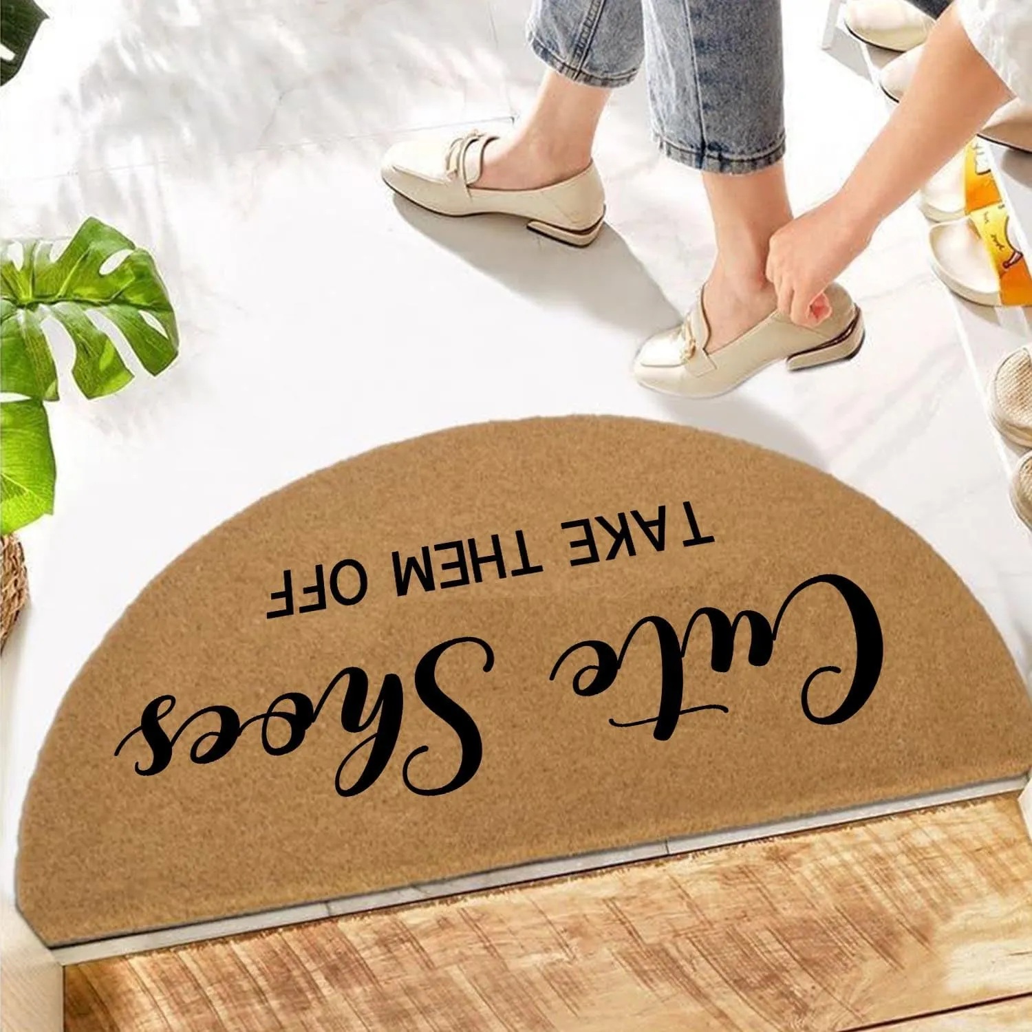 Funny Half Round Door Mat - Front Entryway Outdoor Heavy Duty Welcome Mat - Brown Porch Entry House Warming Gift 29.5 x 17 Inch (Cute Shoes Take Them Off)