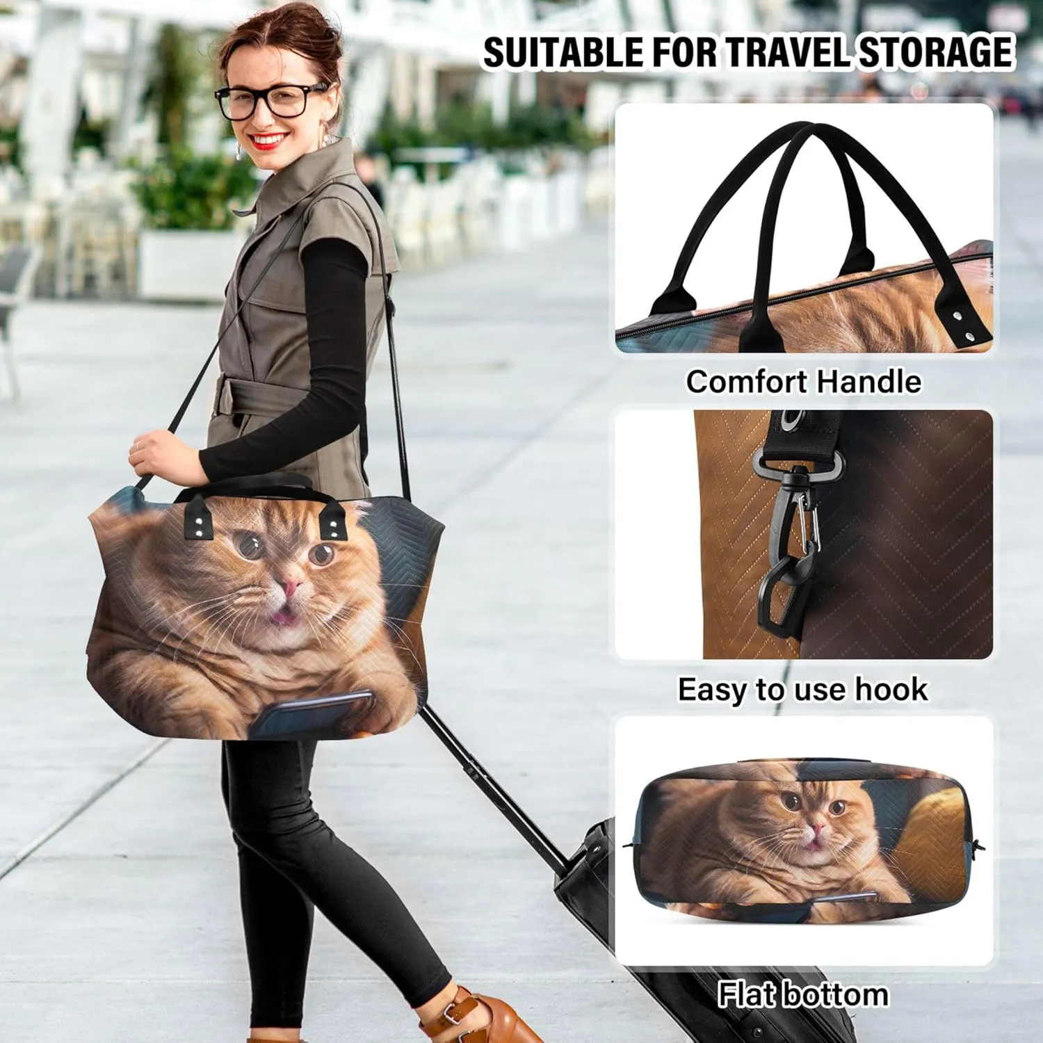 Funny Kitten Cat Print Duffle Travel Bag Cosmetic Pouch Set of 2, Print Women Sports Duffle Bag Duffel for Traveling