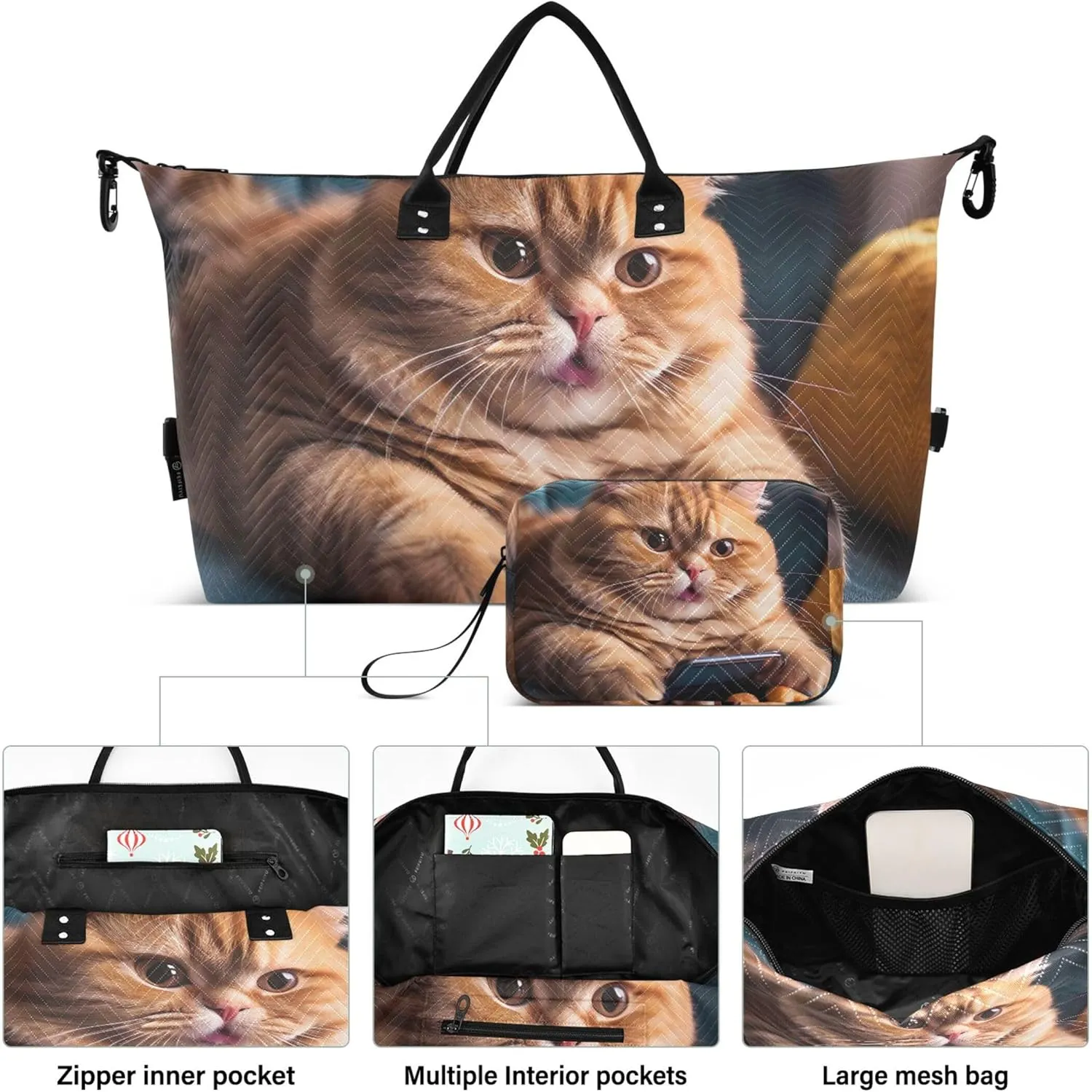 Funny Kitten Cat Print Duffle Travel Bag Cosmetic Pouch Set of 2, Print Women Sports Duffle Bag Duffel for Traveling