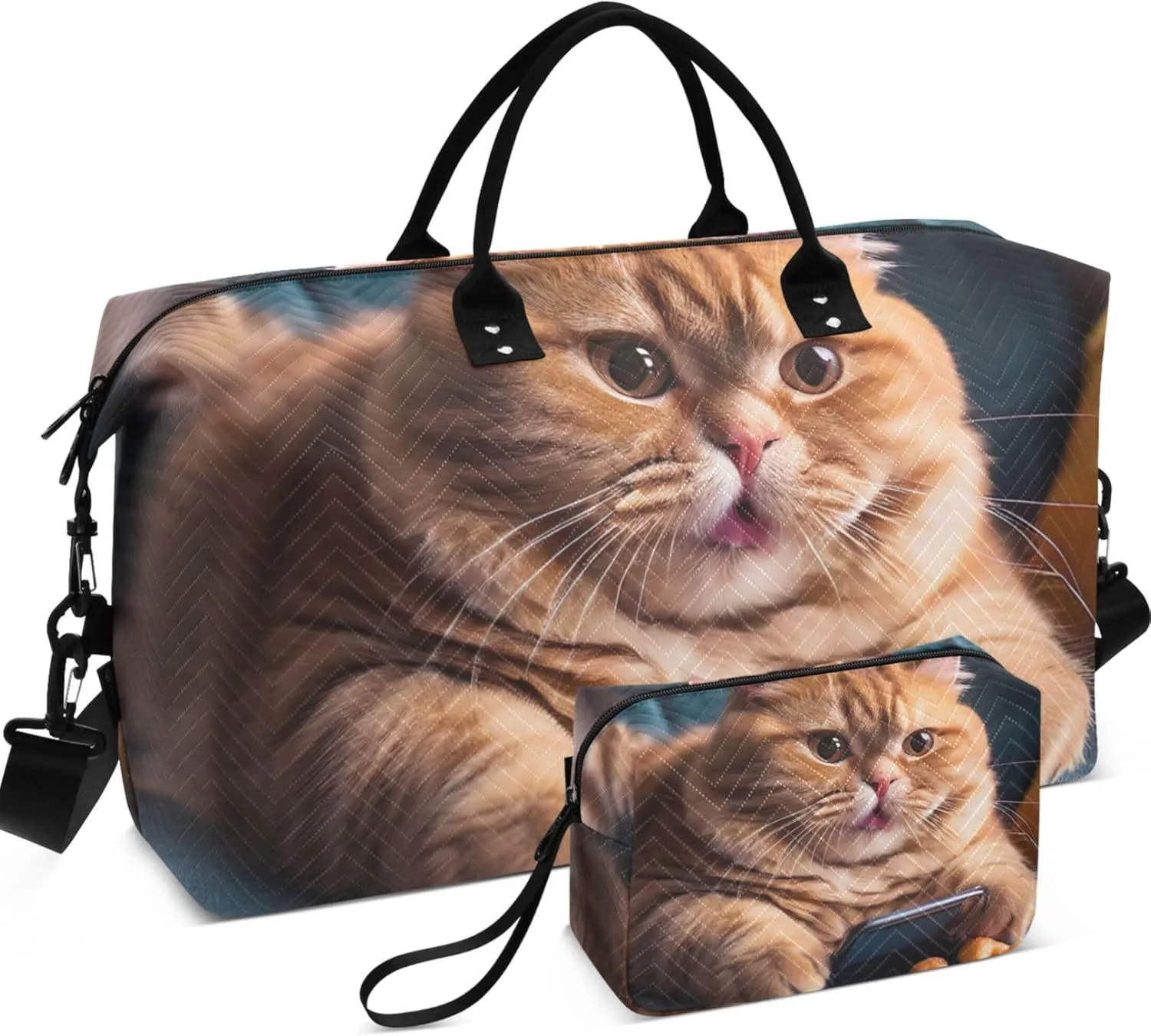 Funny Kitten Cat Print Duffle Travel Bag Cosmetic Pouch Set of 2, Print Women Sports Duffle Bag Duffel for Traveling