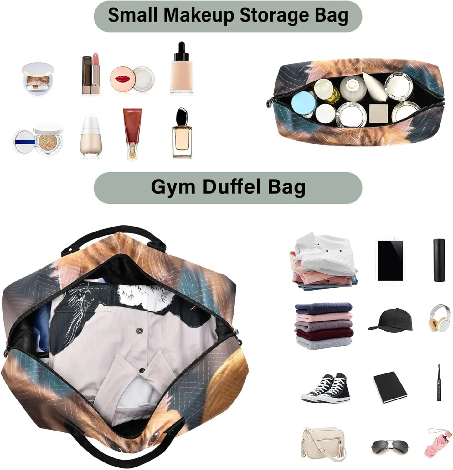 Funny Kitten Cat Print Duffle Travel Bag Cosmetic Pouch Set of 2, Print Women Sports Duffle Bag Duffel for Traveling