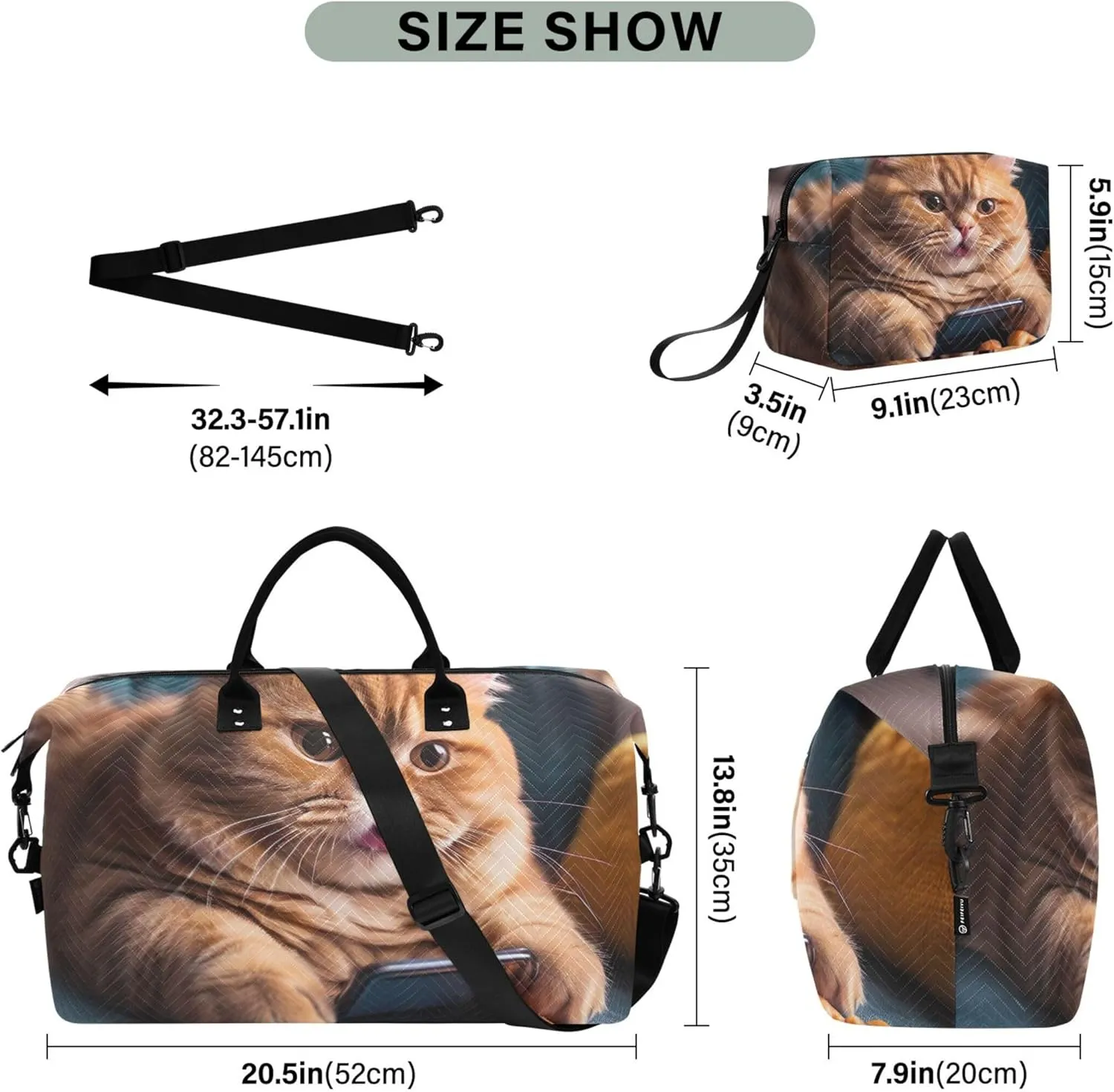 Funny Kitten Cat Print Duffle Travel Bag Cosmetic Pouch Set of 2, Print Women Sports Duffle Bag Duffel for Traveling