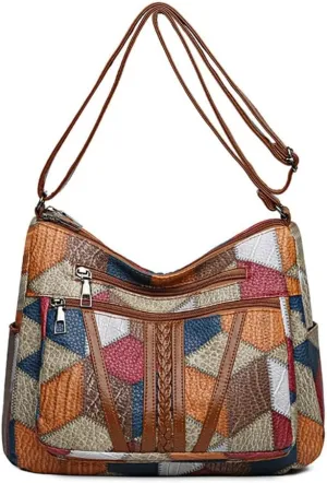 FUNSEED Crossbody Bag for Women, Vintage Colorful Lattice Patchwork Shoulder Bag with Multi Compartment for Work