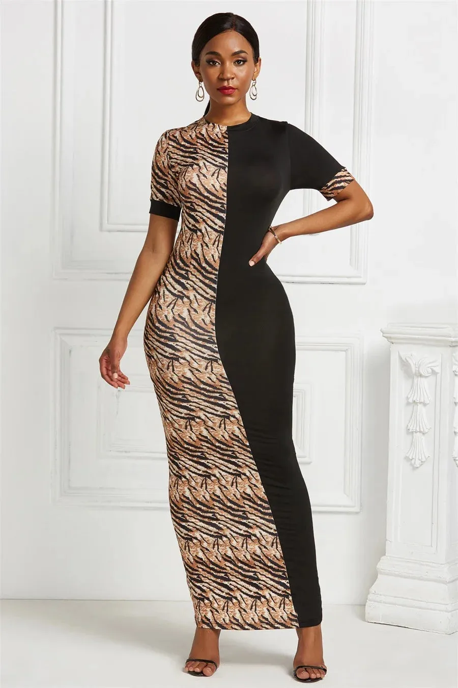 FZ Women's Leopard print Sexy Maxi Patchwork Bodycon Dress