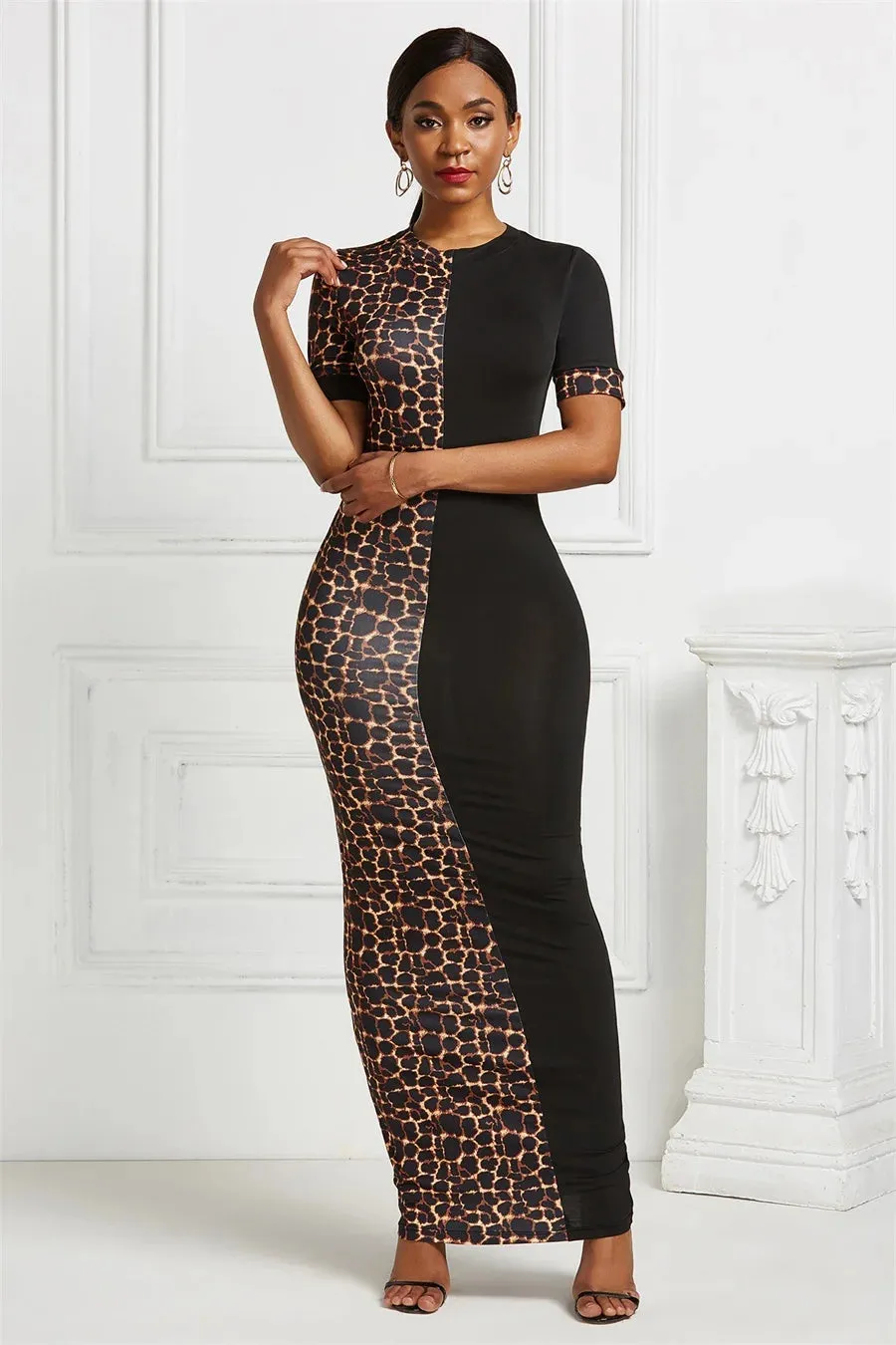 FZ Women's Leopard print Sexy Maxi Patchwork Bodycon Dress