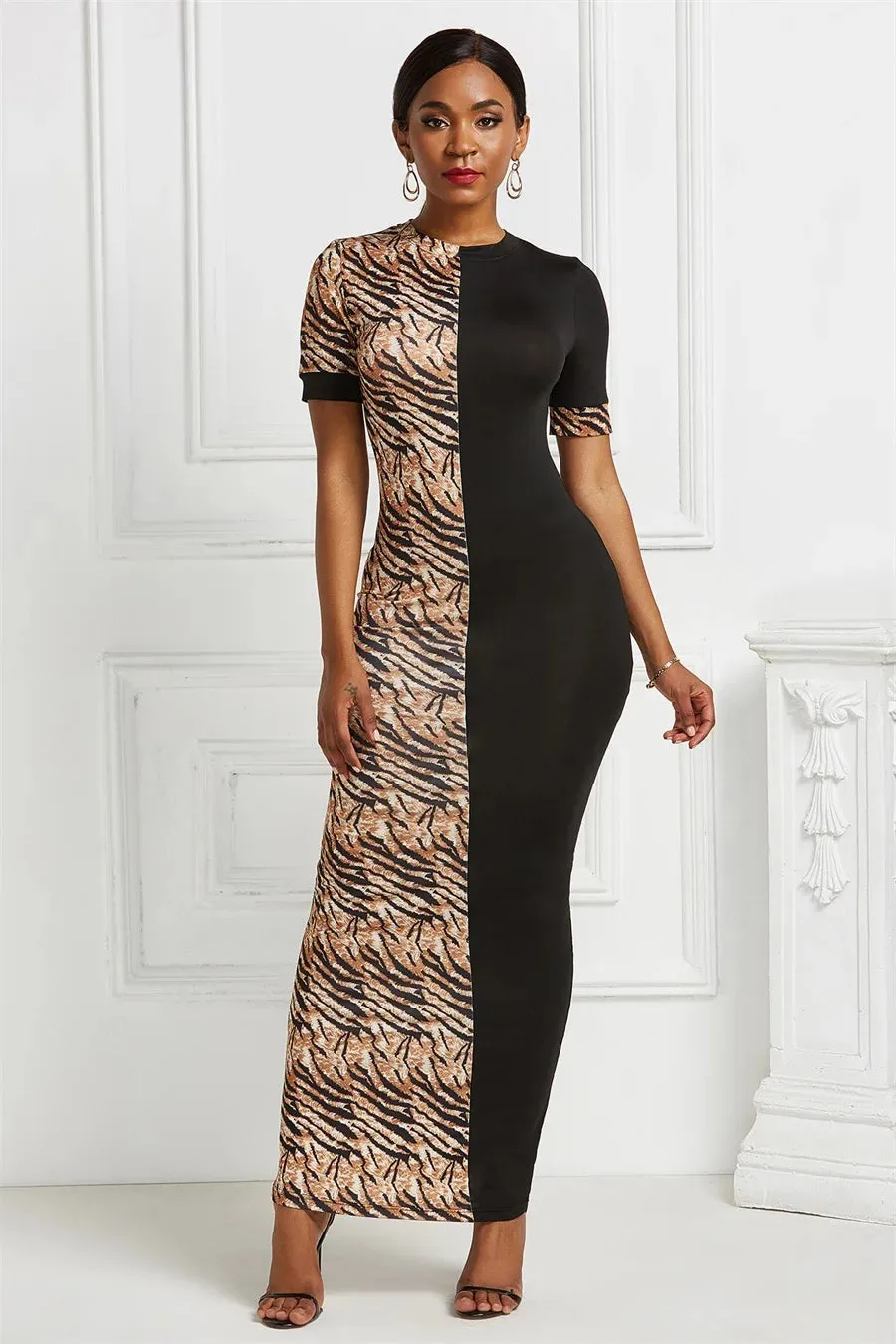 FZ Women's Leopard print Sexy Maxi Patchwork Bodycon Dress