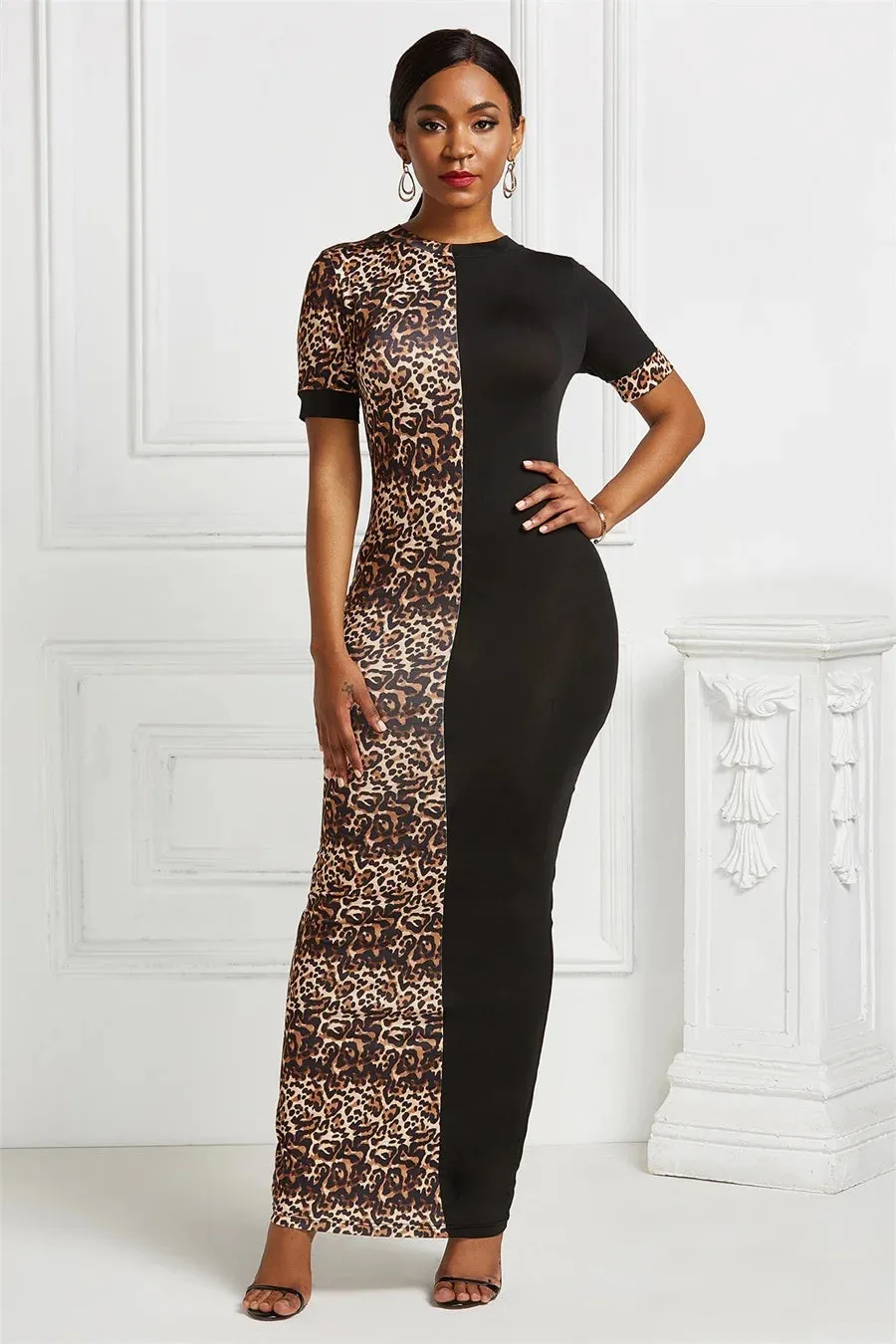 FZ Women's Leopard print Sexy Maxi Patchwork Bodycon Dress