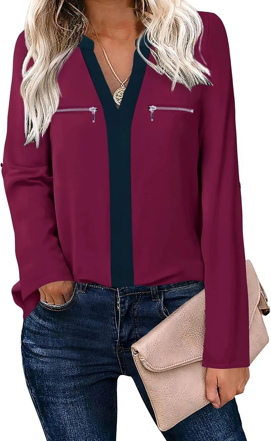 Gaharu Women's Casaul 3/4 Sleeve Shirts Tops V Neck Chiffon Blouses