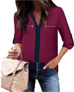 Gaharu Women's Casaul 3/4 Sleeve Shirts Tops V Neck Chiffon Blouses