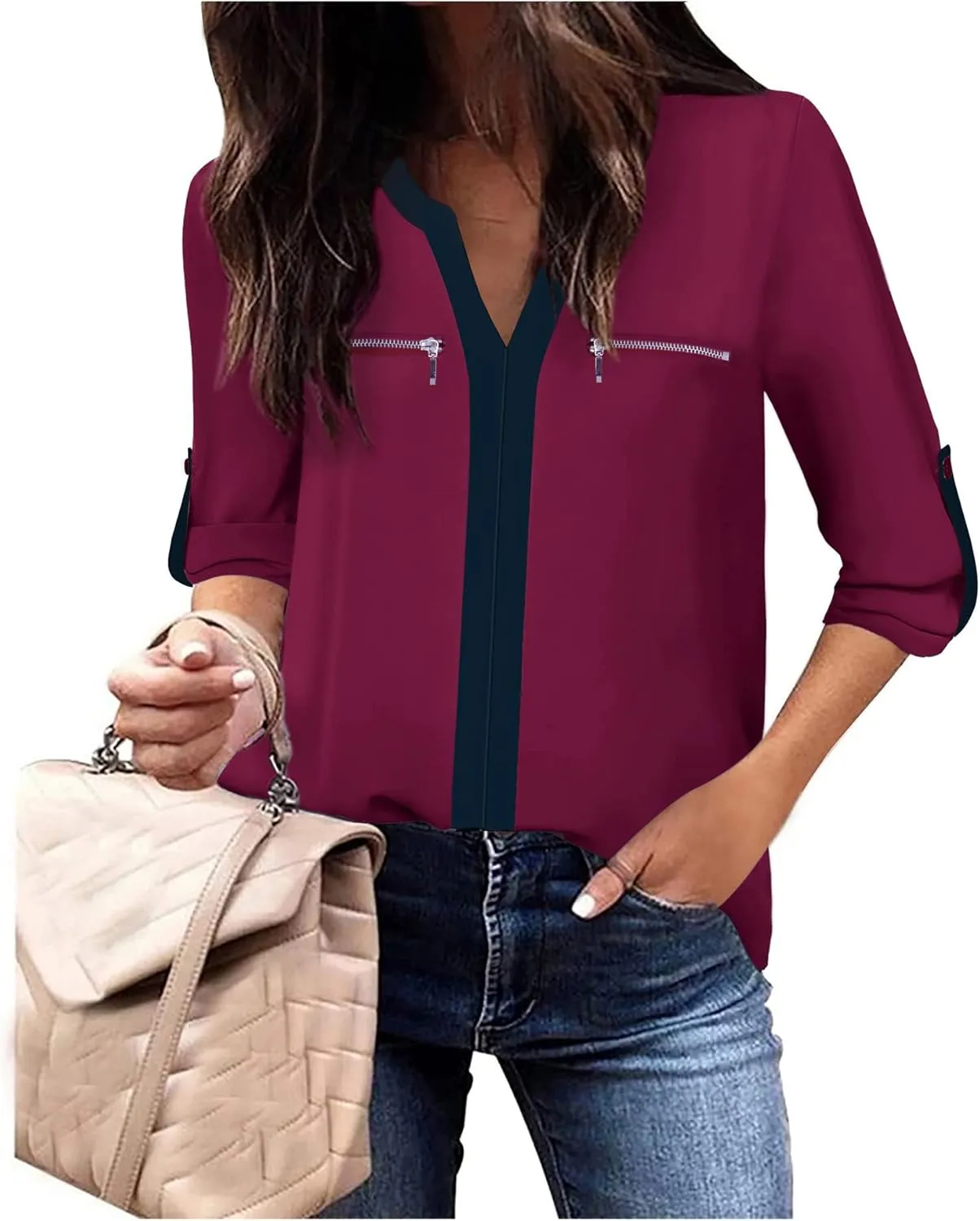 Gaharu Women's Casaul 3/4 Sleeve Shirts Tops V Neck Chiffon Blouses