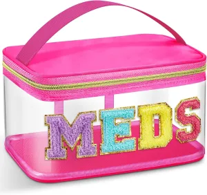 Geetery Chenille Letter Bag Nylon Makeup Portable Cases Preppy Patch Makeup Bag with Zipper Cosmetic Toiletry Storage case for Women(Hot Pink,Adorable Meds)