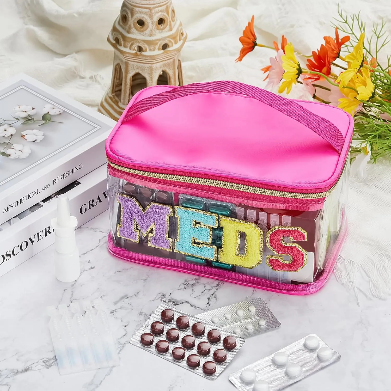 Geetery Chenille Letter Bag Nylon Makeup Portable Cases Preppy Patch Makeup Bag with Zipper Cosmetic Toiletry Storage case for Women(Hot Pink,Adorable Meds)