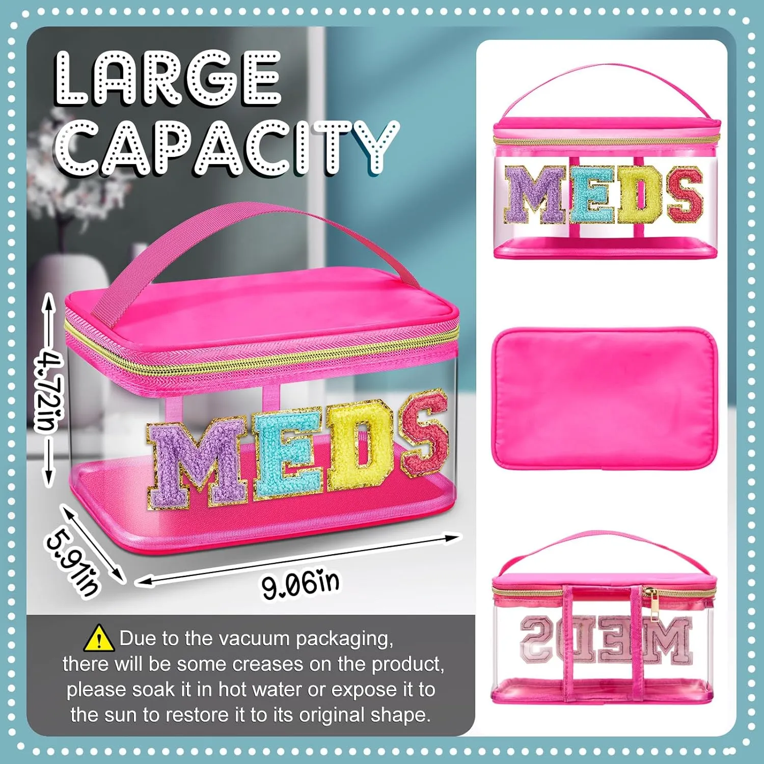 Geetery Chenille Letter Bag Nylon Makeup Portable Cases Preppy Patch Makeup Bag with Zipper Cosmetic Toiletry Storage case for Women(Hot Pink,Adorable Meds)