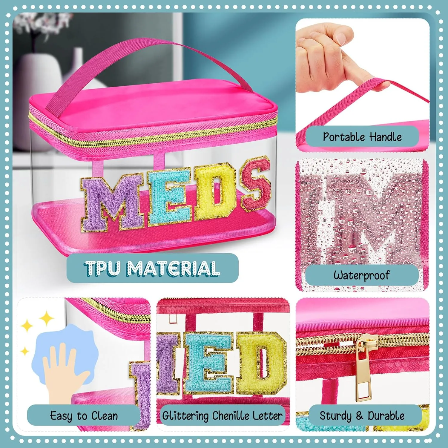 Geetery Chenille Letter Bag Nylon Makeup Portable Cases Preppy Patch Makeup Bag with Zipper Cosmetic Toiletry Storage case for Women(Hot Pink,Adorable Meds)