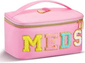 Geetery Chenille Letter Bag Nylon Meds Makeup Cases Preppy Patch with Zipper, Portable Cosmetic Toiletry Storage Bag for Women(Pink)