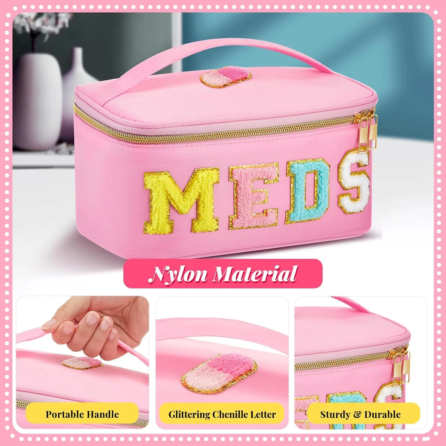 Geetery Chenille Letter Bag Nylon Meds Makeup Cases Preppy Patch with Zipper, Portable Cosmetic Toiletry Storage Bag for Women(Pink)