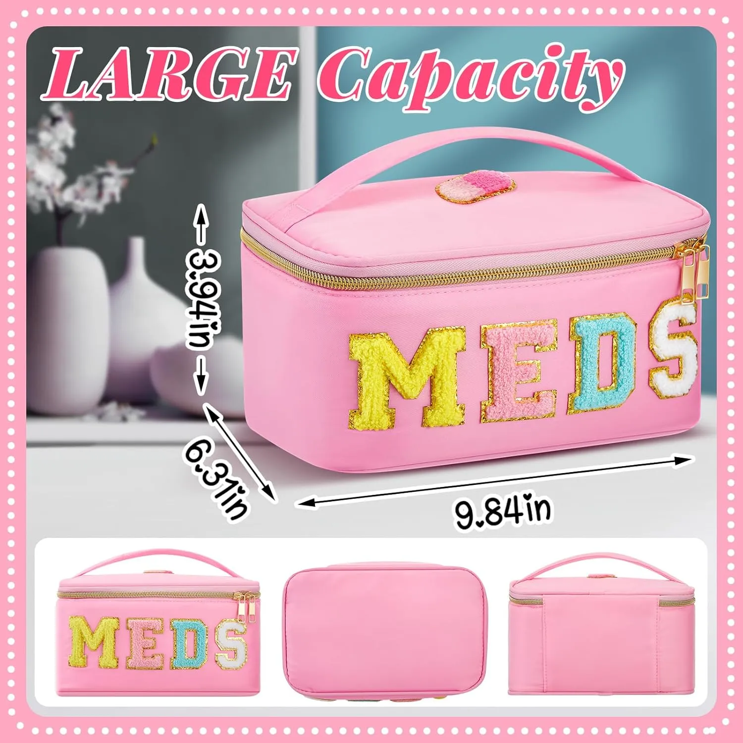 Geetery Chenille Letter Bag Nylon Meds Makeup Cases Preppy Patch with Zipper, Portable Cosmetic Toiletry Storage Bag for Women(Pink)