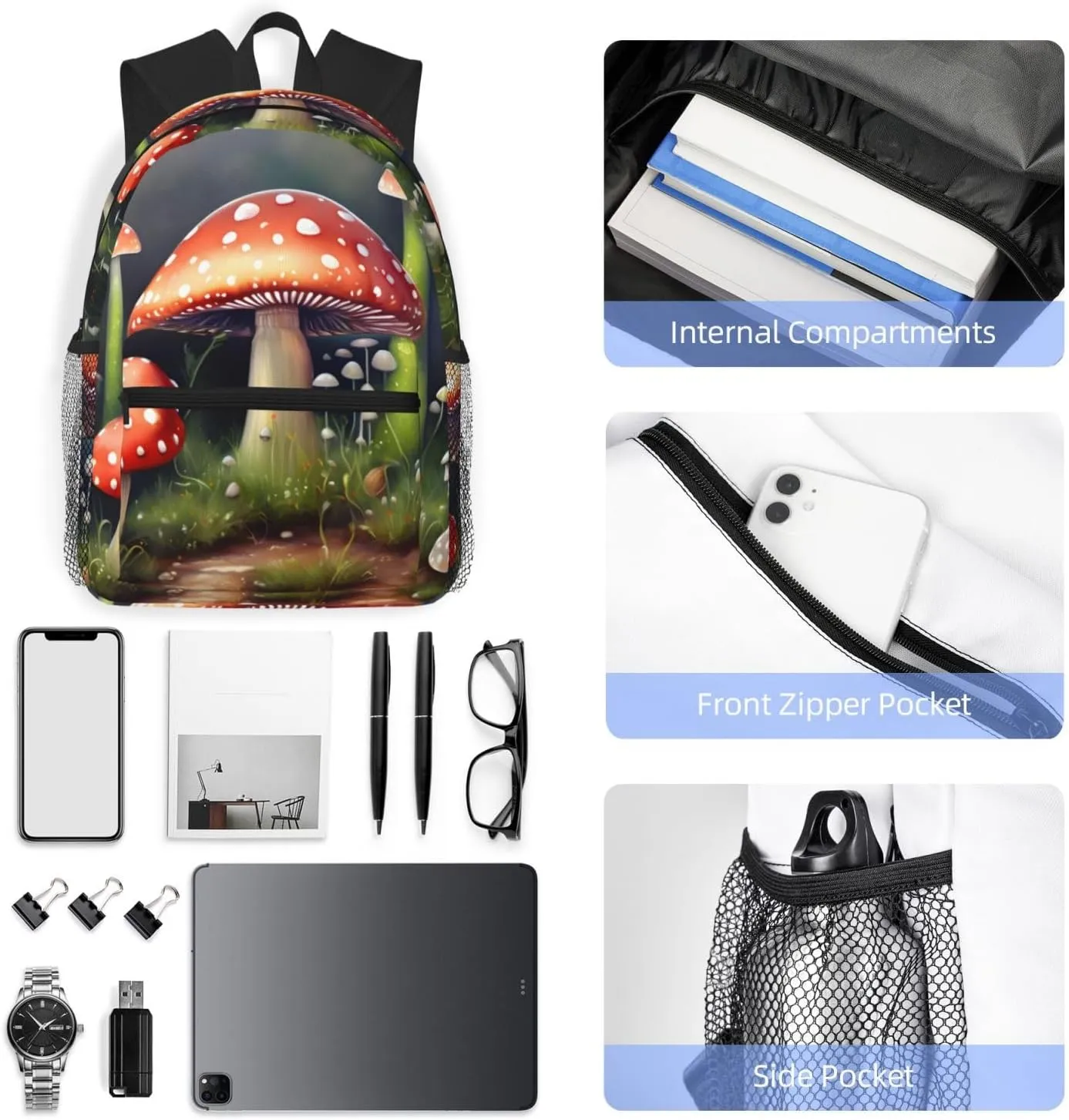 GeRRiT Painting Mushroom Print Casual Backpack For Women, Travel Daypack,Waterproof Gym Backpack For Men Book Bags, SB-122
