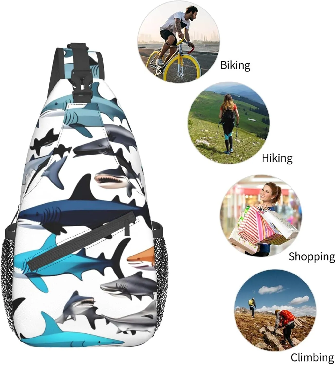 GeRRiT Sharks Pattern Print Small Backpack Sling Bag For Women Men, Chest Bag Daypack Crossbody For Travel Sport