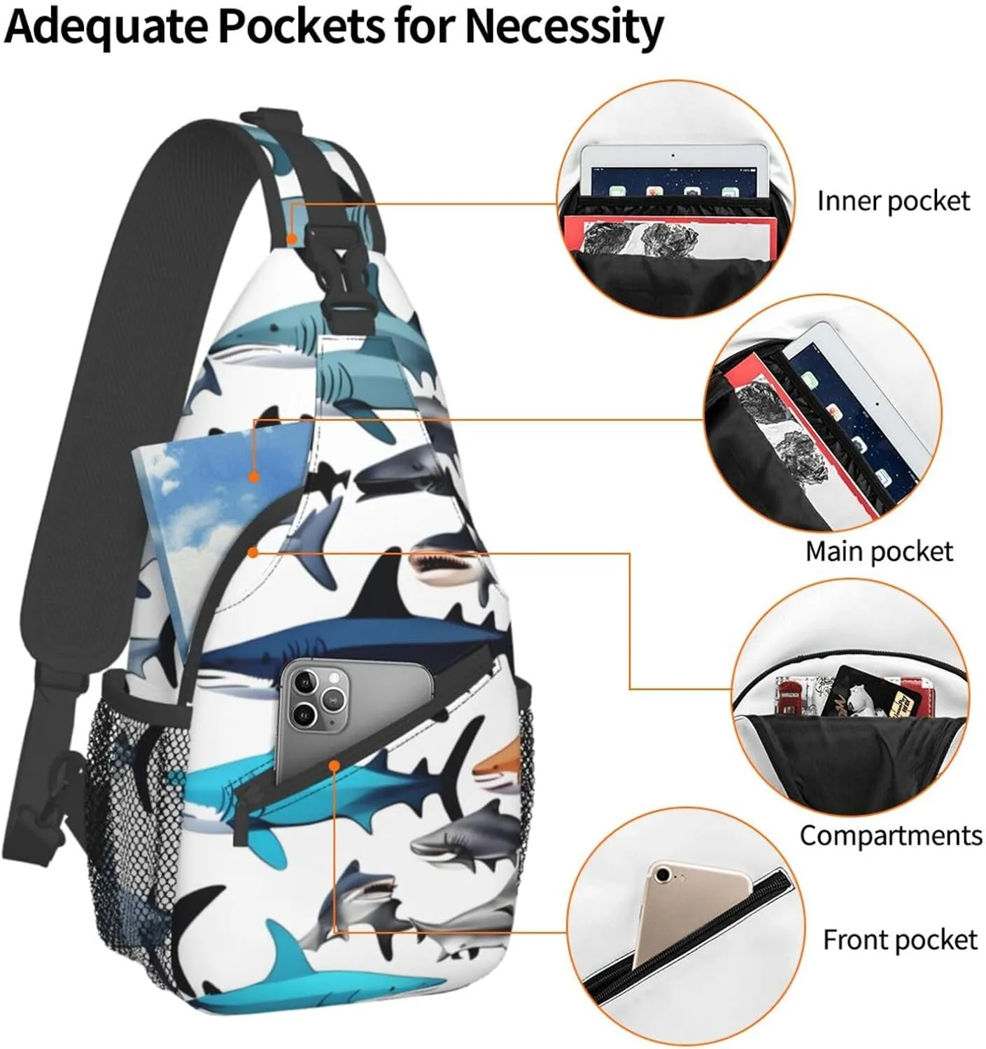 GeRRiT Sharks Pattern Print Small Backpack Sling Bag For Women Men, Chest Bag Daypack Crossbody For Travel Sport