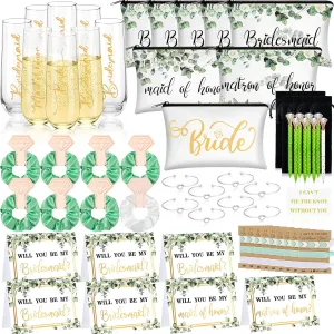 Geyee 87 Pcs Bridesmaid Proposal Gifts Maid of Honor Gifts Matron of Honor Gift Will You Be My Bridesmaid Gift Brides Champagne Flutes Cosmetic Bags Hair Scrunchies Diamond Pen(Fresh)