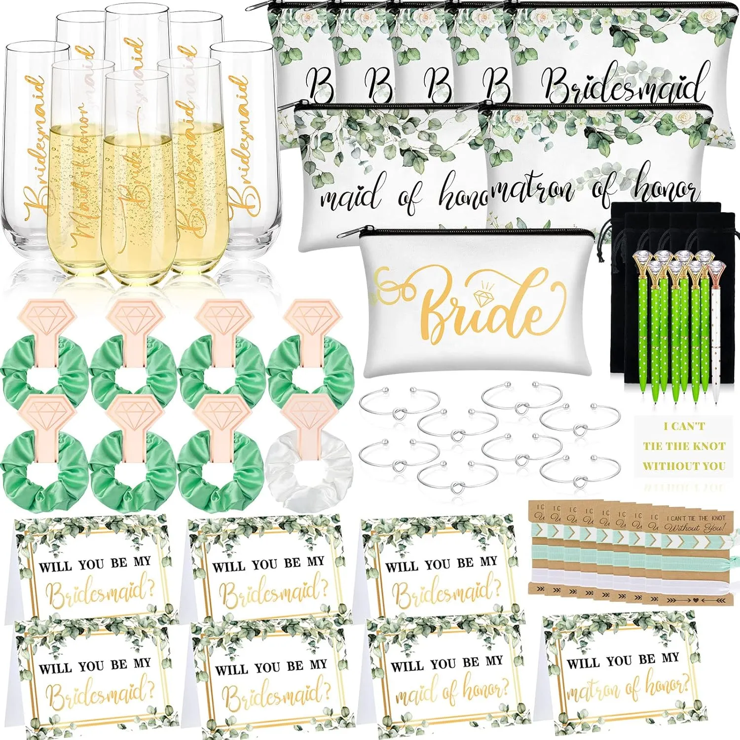 Geyee 87 Pcs Bridesmaid Proposal Gifts Maid of Honor Gifts Matron of Honor Gift Will You Be My Bridesmaid Gift Brides Champagne Flutes Cosmetic Bags Hair Scrunchies Diamond Pen(Fresh)