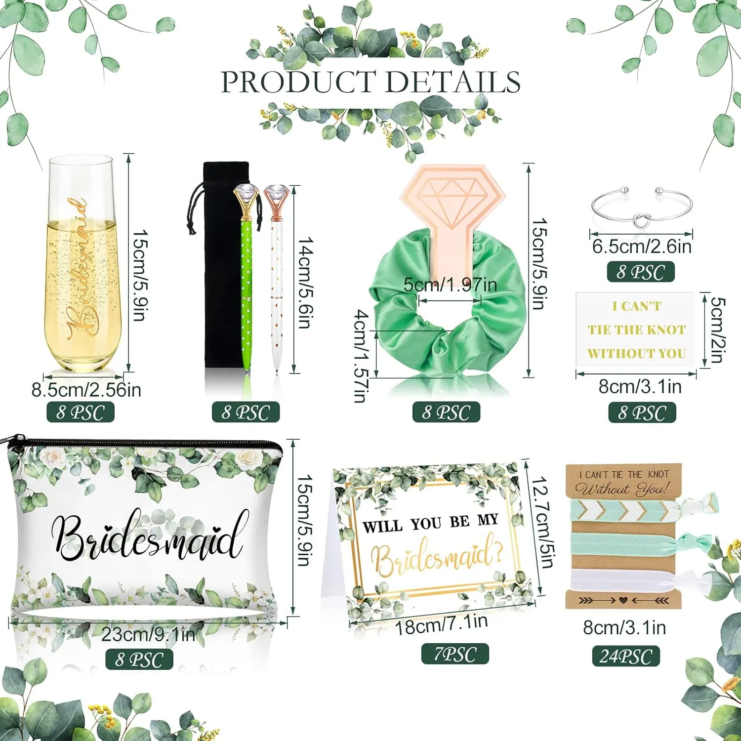 Geyee 87 Pcs Bridesmaid Proposal Gifts Maid of Honor Gifts Matron of Honor Gift Will You Be My Bridesmaid Gift Brides Champagne Flutes Cosmetic Bags Hair Scrunchies Diamond Pen(Fresh)