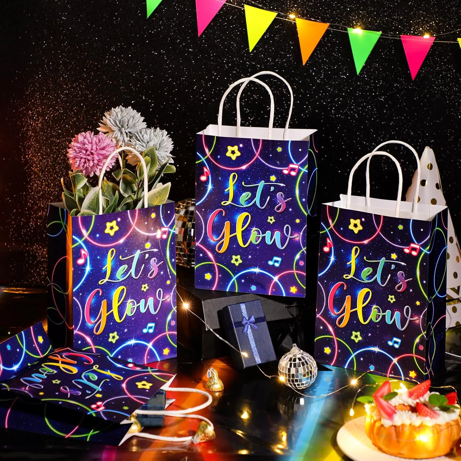 Geyoga 24 Pcs Glow in the Dark Gift Bags Glow Party Favor Supplies Neon Birthday Supplies Mini Goodie Candy Tote Bag with Handles for Neon Birthday Party Decorations(Classic)