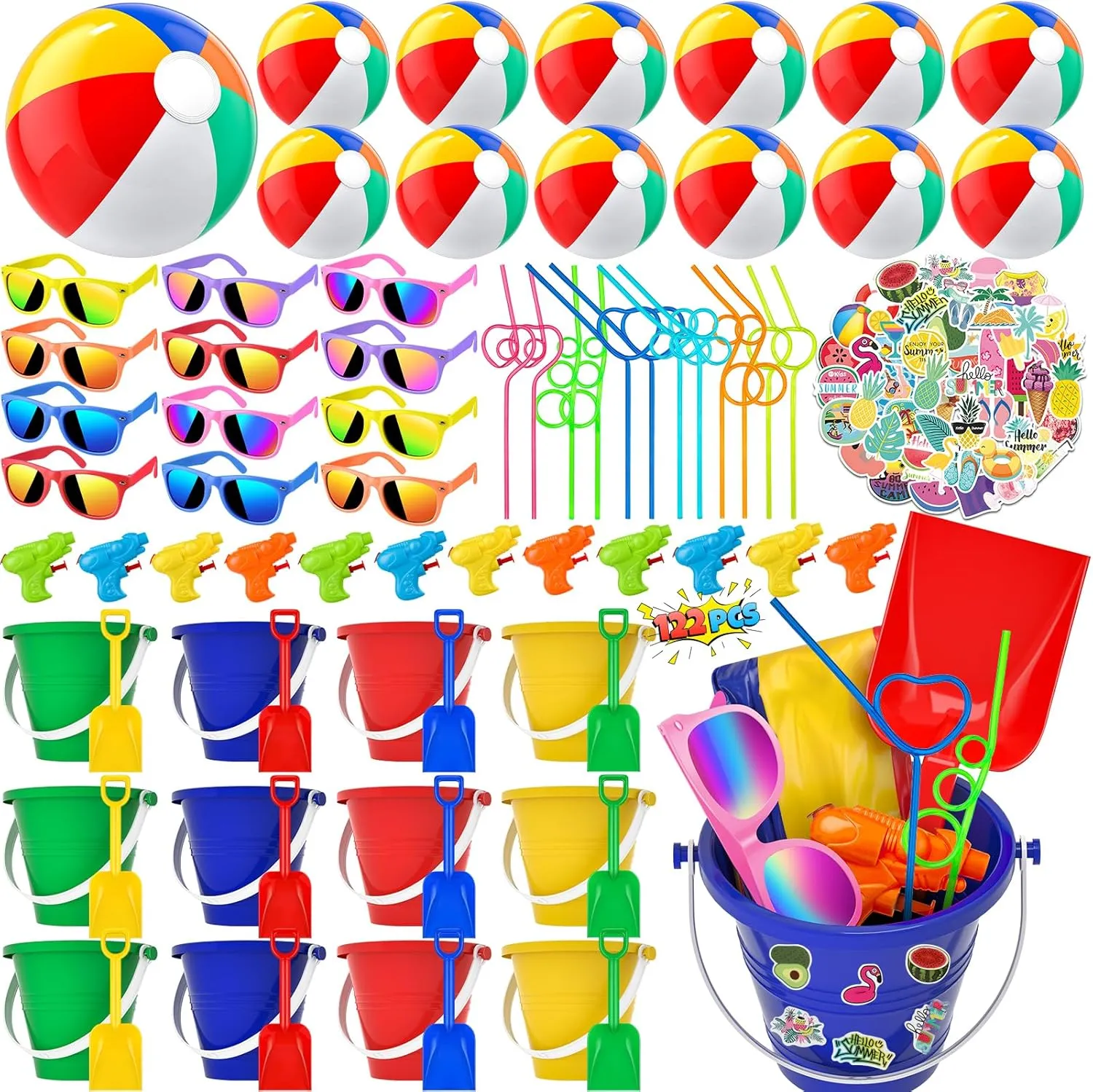 GIFTINBOX Pool Beach Summer Party Favors For Kids Ages 4-8- 122PCS Summer Beach Toys Include Beach Balls , Kids Sunglasses, Sand Buckets,Straws, For Pool Party Supplies,sand Toys