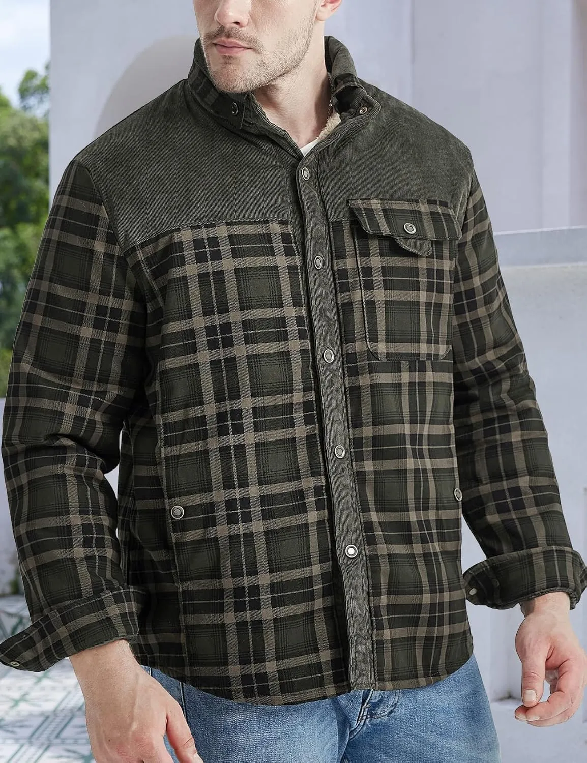 Gihuo Men's Long Sleeve Sherpa Lined Shirts Outdoor Warm Flannel Plaid Jacket Button Down Fleece Coats