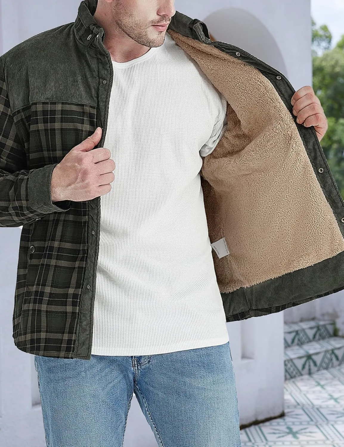 Gihuo Men's Long Sleeve Sherpa Lined Shirts Outdoor Warm Flannel Plaid Jacket Button Down Fleece Coats