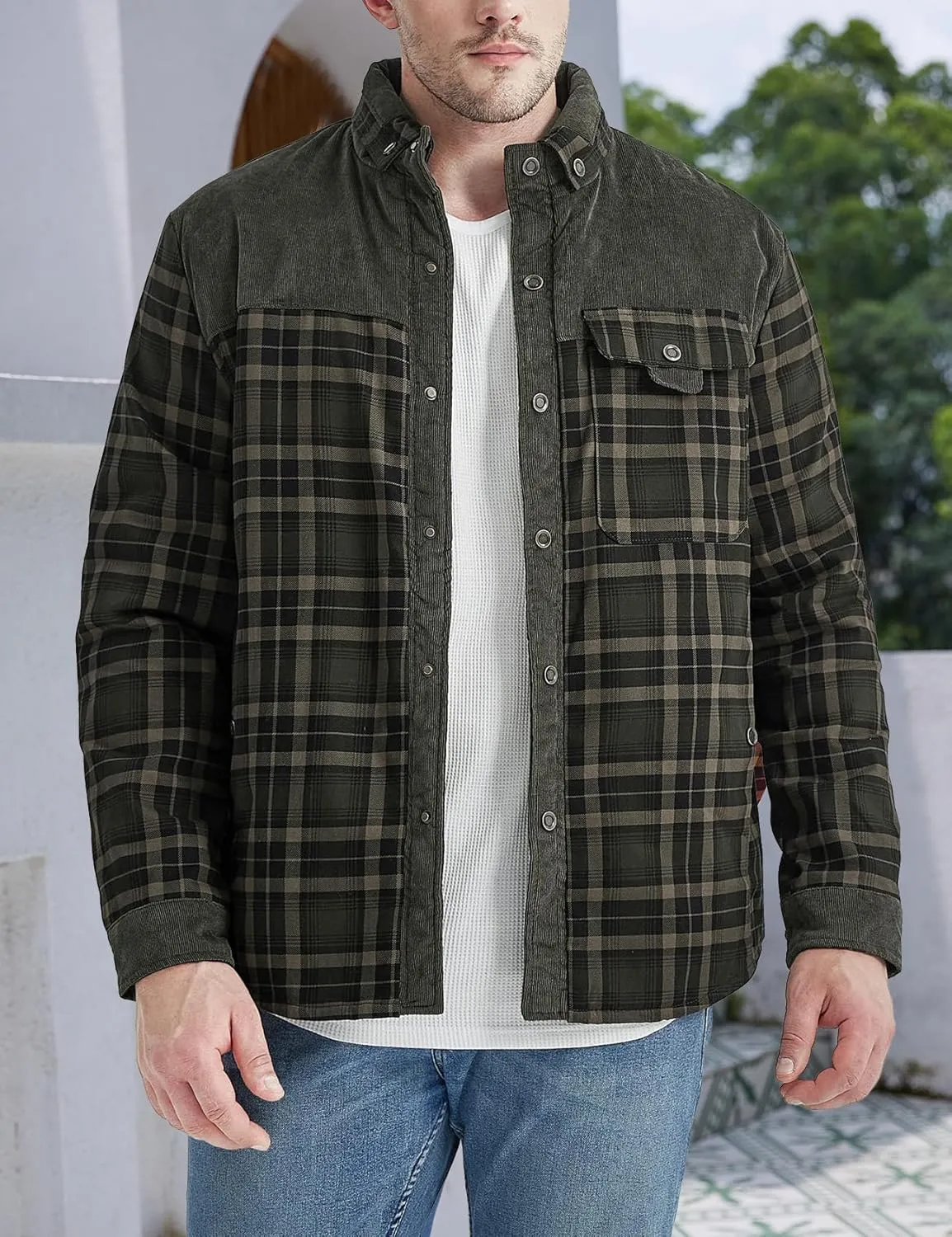 Gihuo Men's Long Sleeve Sherpa Lined Shirts Outdoor Warm Flannel Plaid Jacket Button Down Fleece Coats