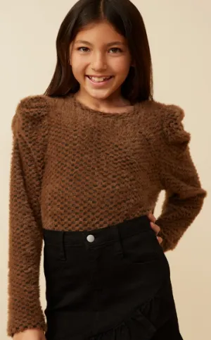 Girls Checkered Mohair Accent Shoulder Knit Top