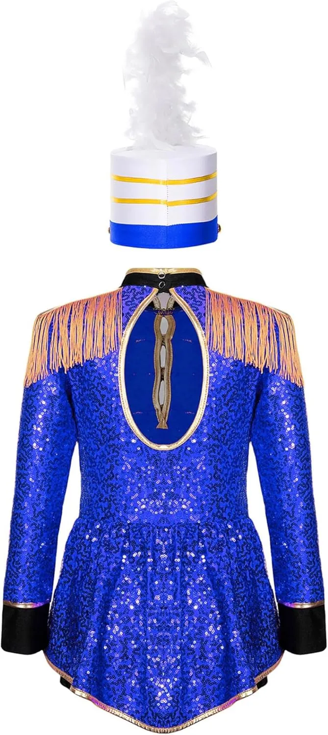 Girls Drum Majorette March Band Uniform Sets Sequins Leotard Dress Hat Ringmaster Suits