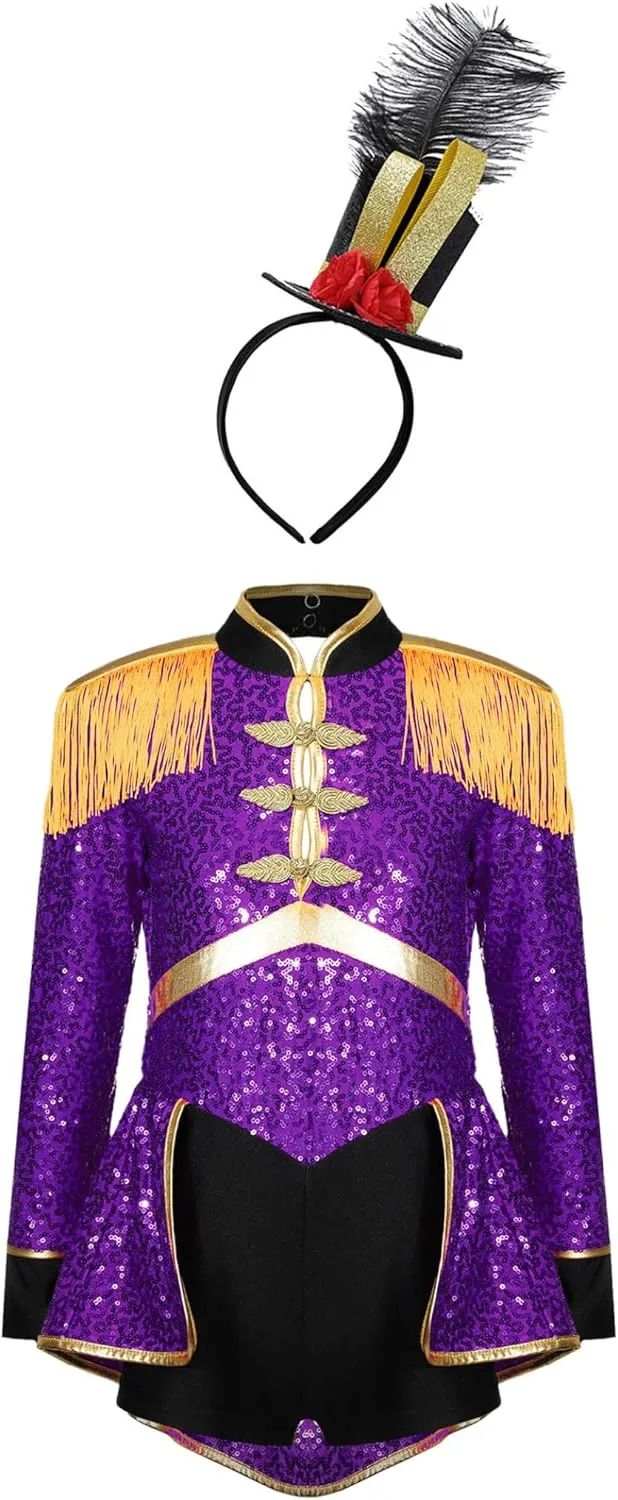 Girls Drum Majorette March Band Uniform Sets Sequins Leotard Dress Hat Ringmaster Suits