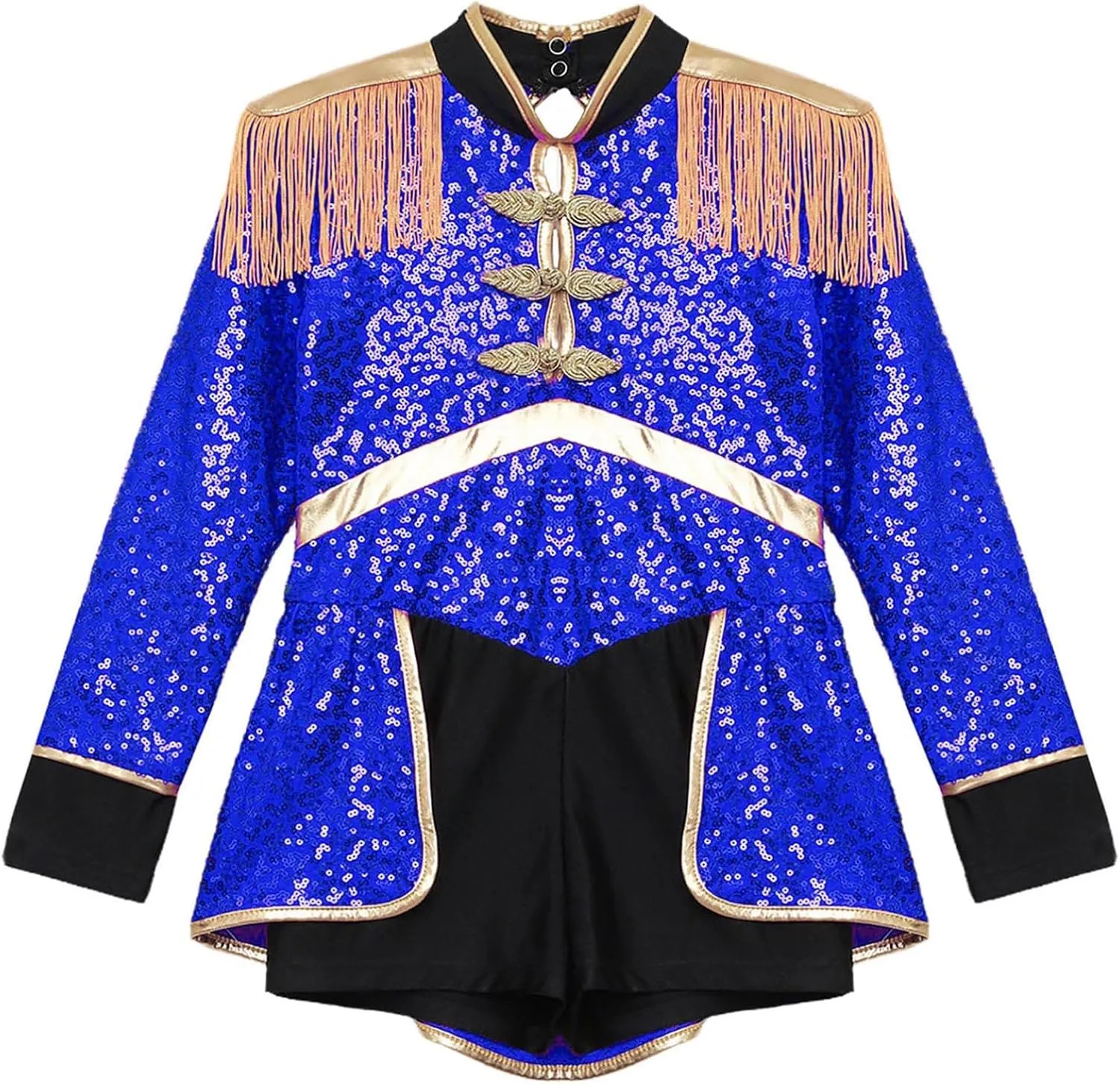 Girls Drum Majorette March Band Uniform Sets Sequins Leotard Dress Hat Ringmaster Suits