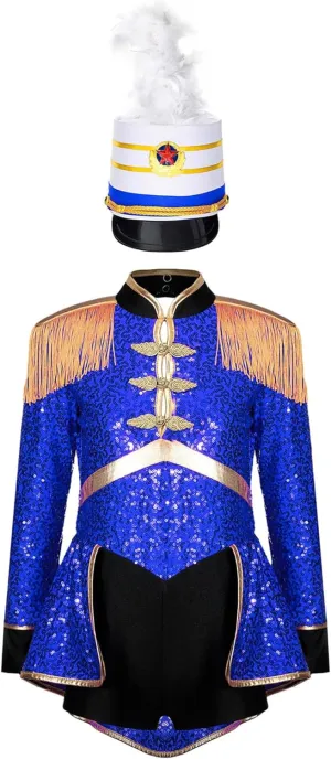 Girls Drum Majorette March Band Uniform Sets Sequins Leotard Dress Hat Ringmaster Suits
