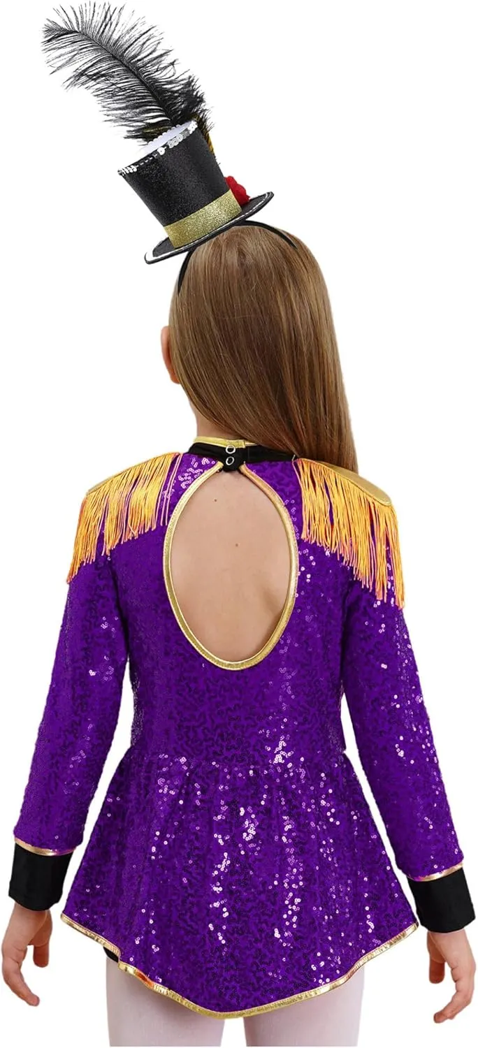 Girls Drum Majorette March Band Uniform Sets Sequins Leotard Dress Hat Ringmaster Suits